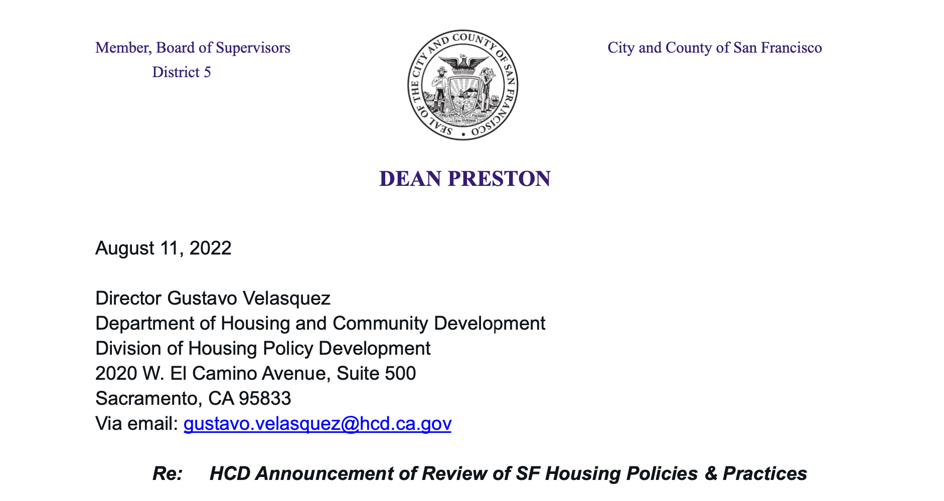 SF Sup. Dean Preston Responds to Housing and Community Development’s Review of SF Housing Policies and Practices